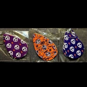 Faux Leather Teardrop  "Day Of The Dead" Skulls Halloween Earrings- Set of 3